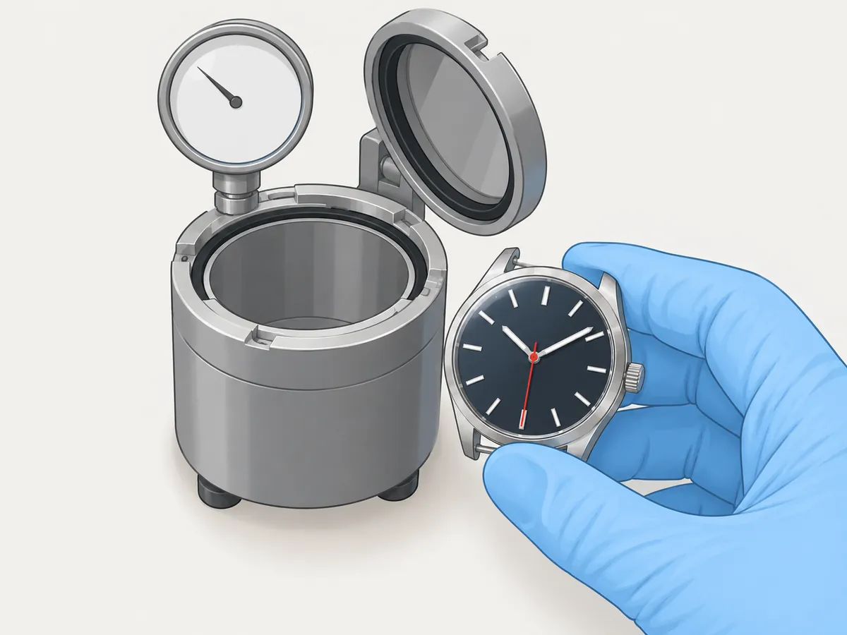 A gloved hand lifts the finished watch toward a watchmaker's water-resistance tester, a steel chamber with its lid open and a gauge on top.