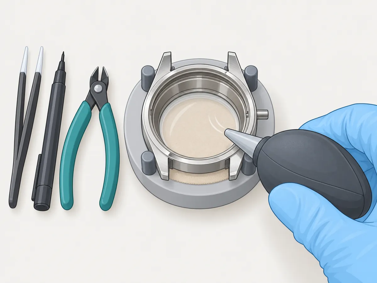 An empty watch case lies crystal-down on a soft pad in a round grey case holder, its four pegs gripping the case sides, while a gloved hand blows air into it with a rubber bulb; tweezers, a fine marker and green-handled flush cutters lie to the left.