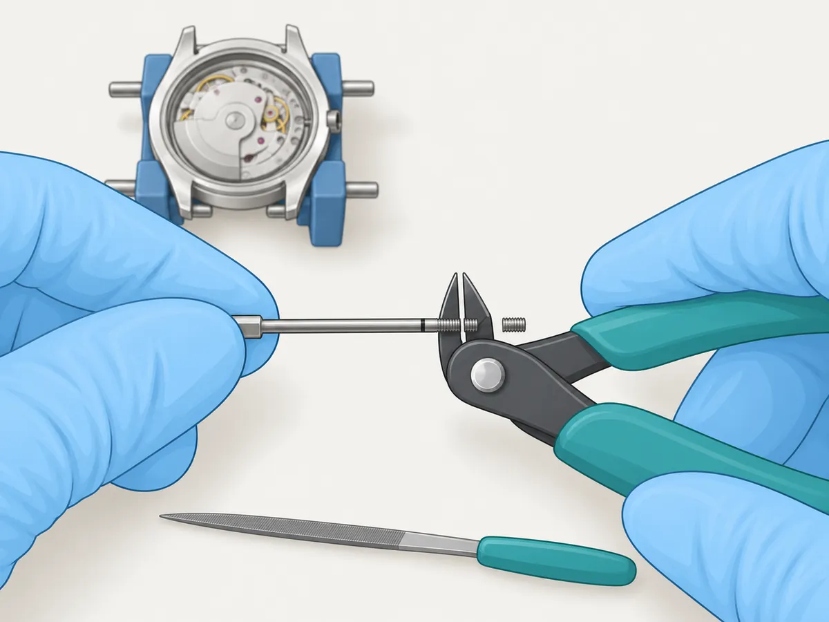 Well away from the cased movement in the background, one gloved hand holds the stem by its inner end while green-handled flush cutters snip its threaded end at the mark; a needle file lies on the mat.