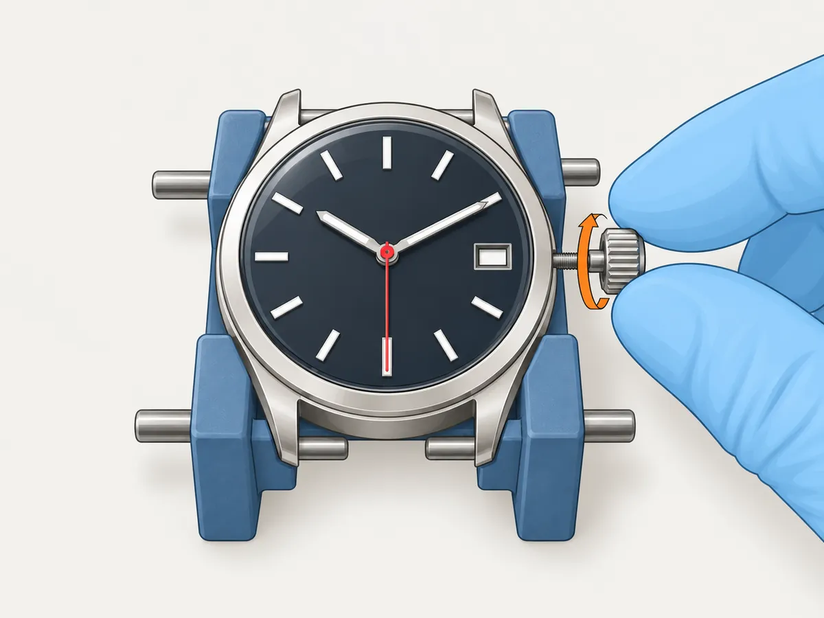 The cased watch lies crystal-up in a holder with the crown pulled out on the right; gloved fingers turn the crown, shown by a curved arrow, and the red seconds hand is stopped at 6.