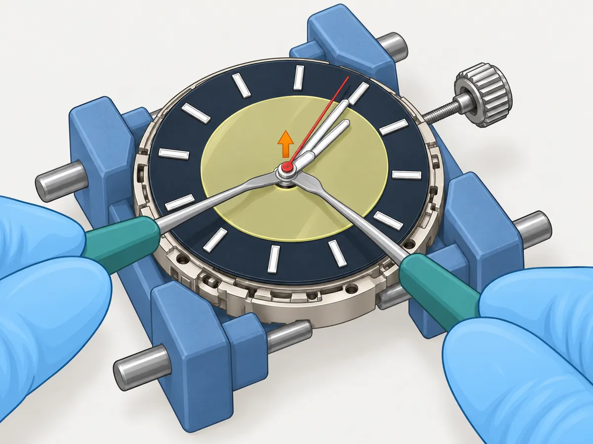 A pale-yellow dial protector lies on the dial, and two green-handled hand levers held in gloved hands slide under the stacked hands at the centre from opposite sides; an arrow shows the hands lifting straight up.