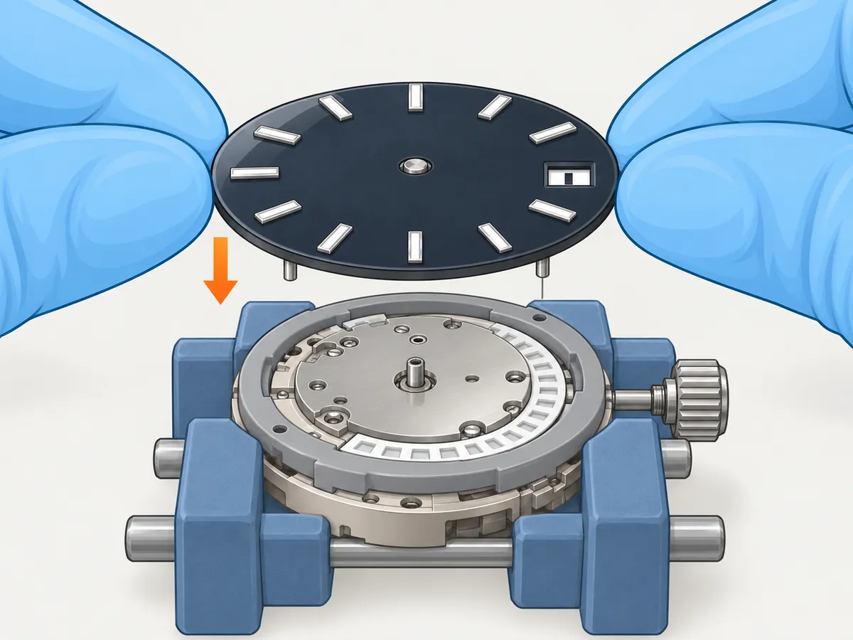 Two gloved hands hold the dial level by its edges just above the movement in its holder, with the date window on the right next to the crown and two feet under the dial pointing down at the holes in the spacer ring; an arrow points straight down.