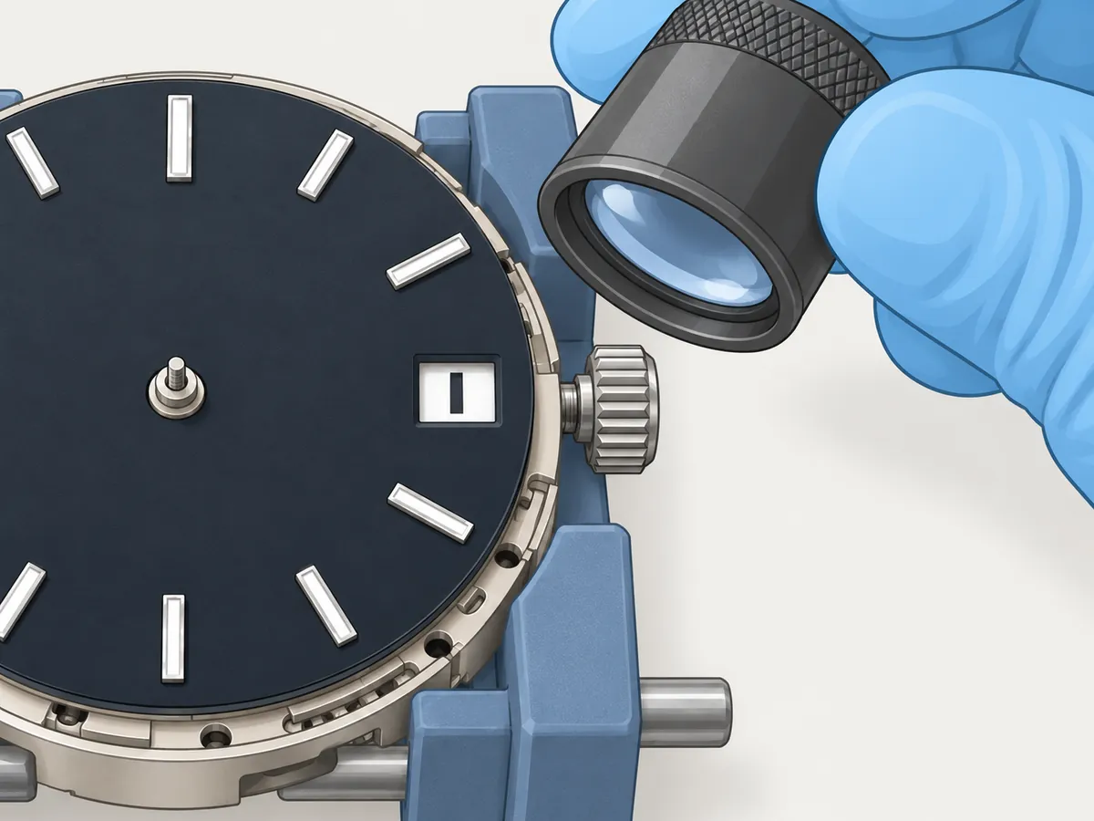 Close-up of the dial's 3 o'clock side with no hands fitted: a gloved hand holds a loupe over the date window, where the date sits centred with an even margin all round.