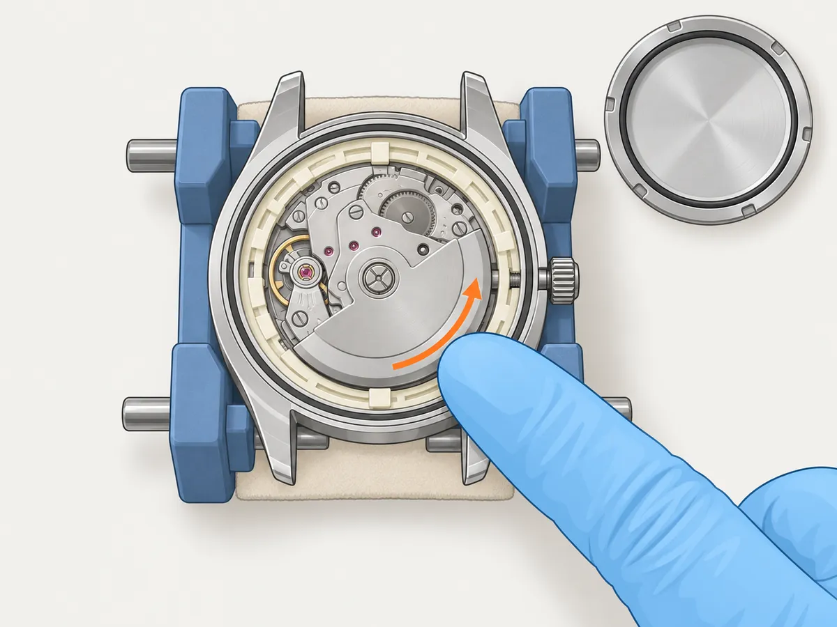 The open back of the cased watch, held crystal-down with the crown on the right: a gloved fingertip nudges the rotor, shown spinning by a curved arrow, and the caseback lies beside it with a black gasket in its groove.
