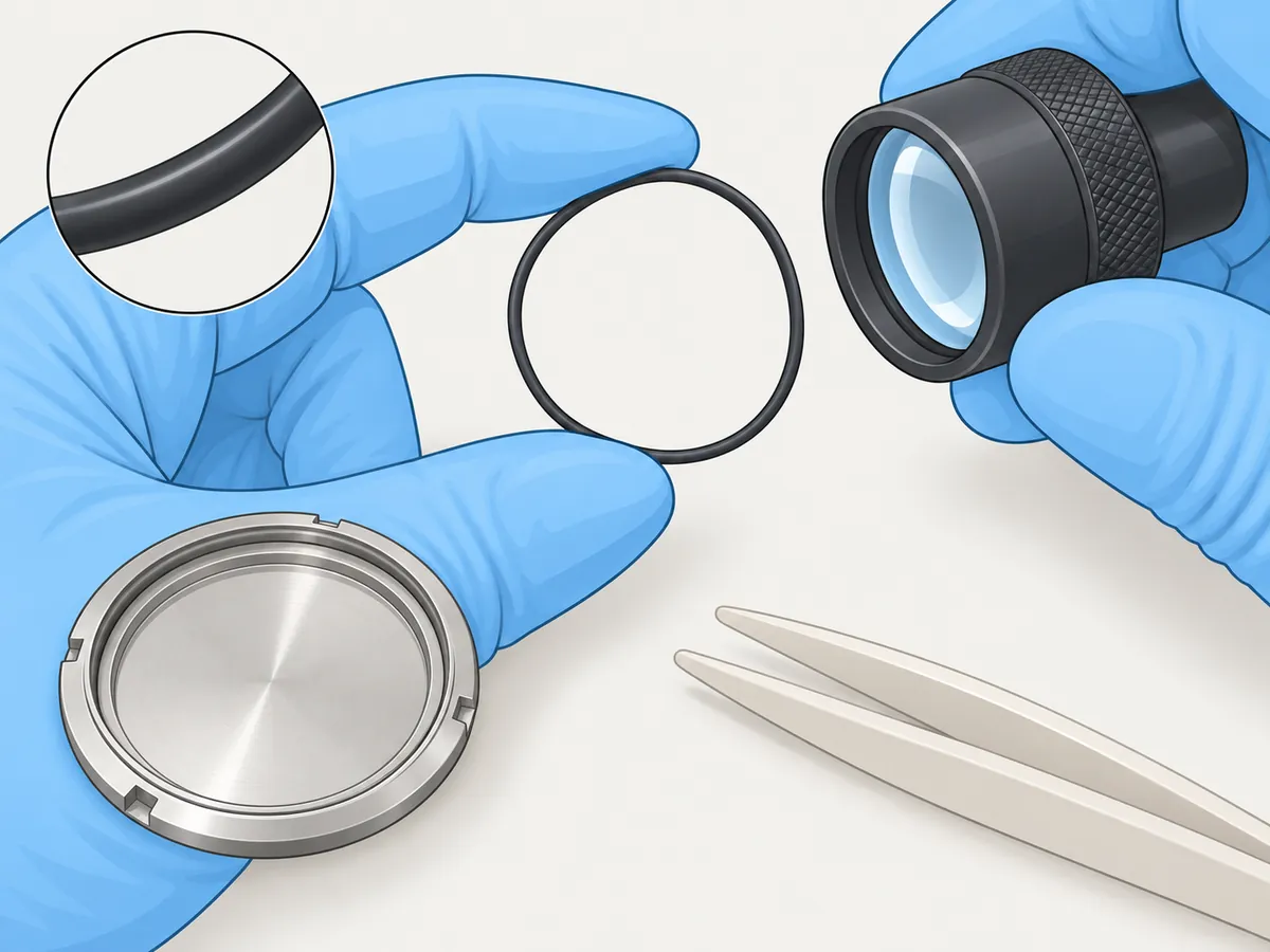 Gloved fingers hold up a thin black rubber gasket while the other hand aims a loupe at it; an inset shows a magnified section of the gasket, smooth and unbroken, and the caseback with its empty groove and plastic tweezers lie nearby.