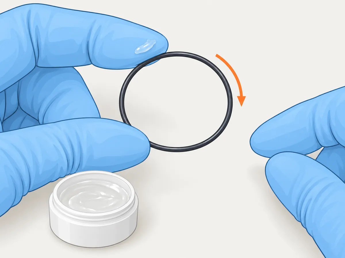 Gloved fingers roll the black gasket between them, with a tiny dab of clear grease on one fingertip and a curved arrow showing the rolling; an open tub of silicone grease sits in the corner.