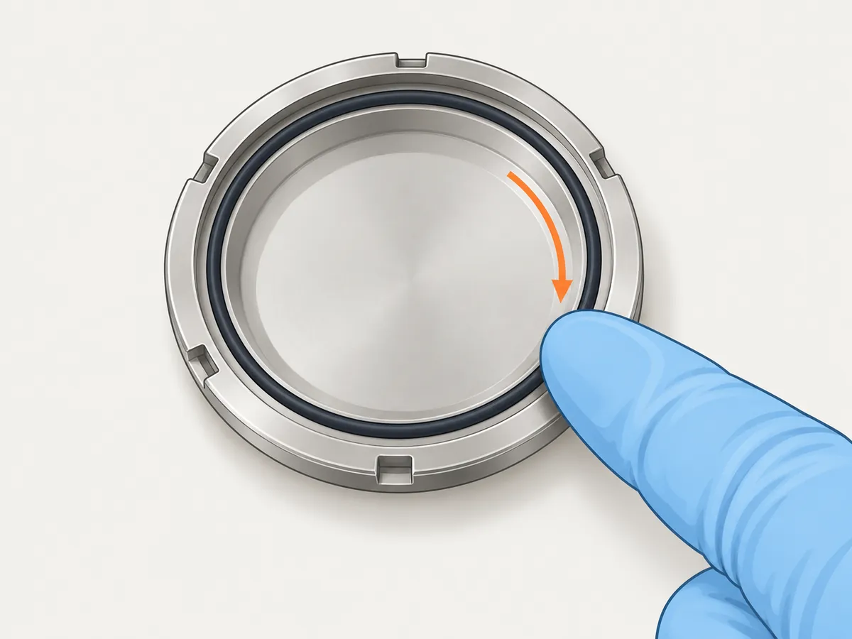 The caseback lies inside-up with the black gasket seated flat all the way round its groove, and a gloved fingertip runs along it, following a curved arrow.