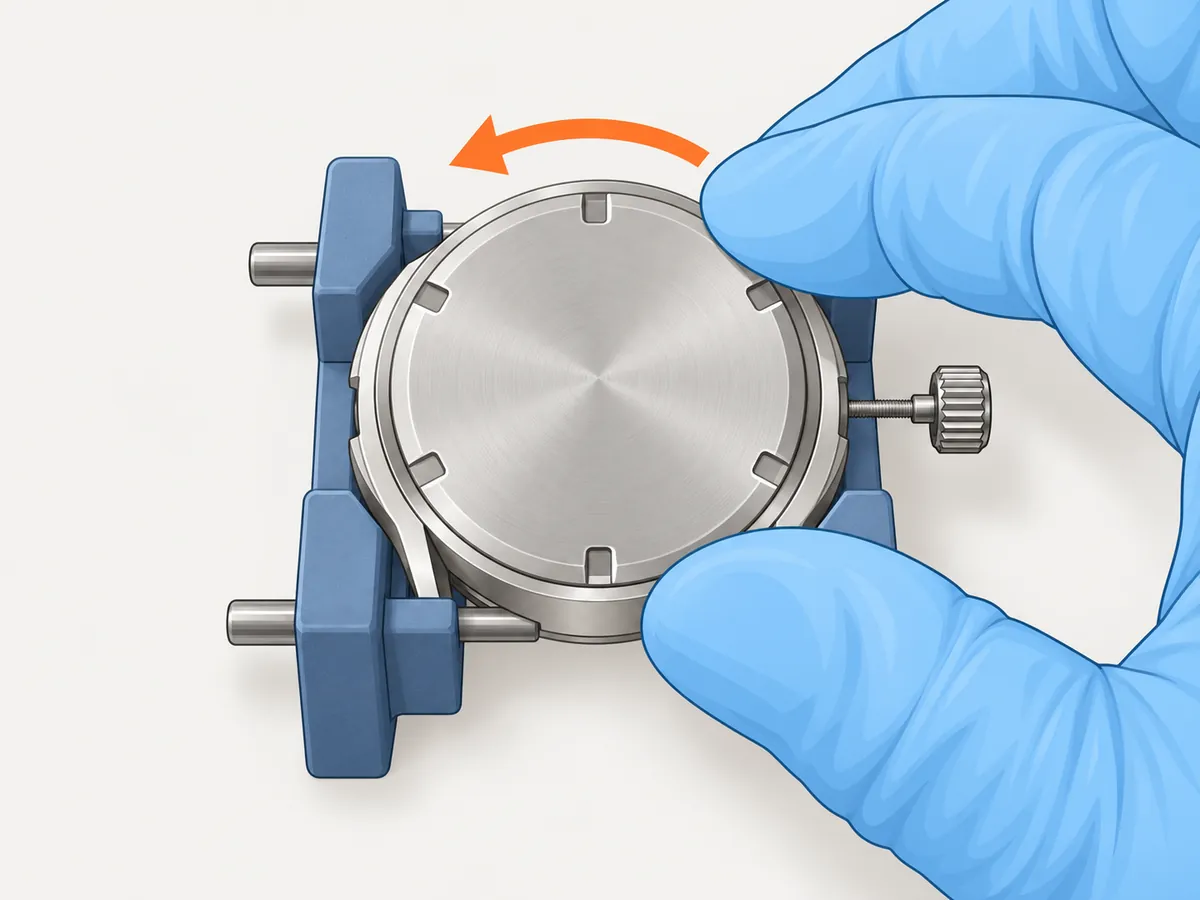 The notched screw-down caseback sits level on the case in its holder, crown on the right, and gloved fingers turn it by hand; a curved arrow points anticlockwise to find the start of the thread.
