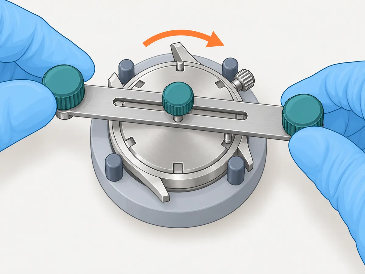 The case sits in the round case holder, seen from the side away from the crown, and two gloved hands hold a three-pin caseback wrench flat across the caseback, its pins in three of the six notches; a curved arrow points clockwise.