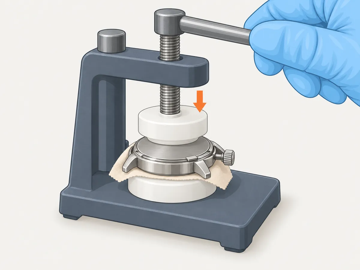 A small bench caseback press holds the case crystal-down on a white nylon die with a cloth over it, and a cupped white die above presses on the smooth press-on caseback; a gloved hand turns the handle and an arrow points down.