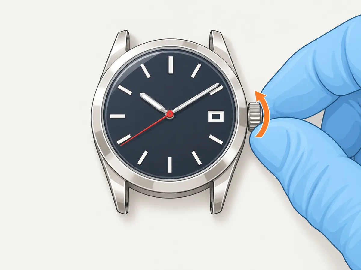 The finished, closed watch lies crystal-up on the mat, running, while gloved fingers wind the pushed-in crown on the right, shown by a curved arrow.