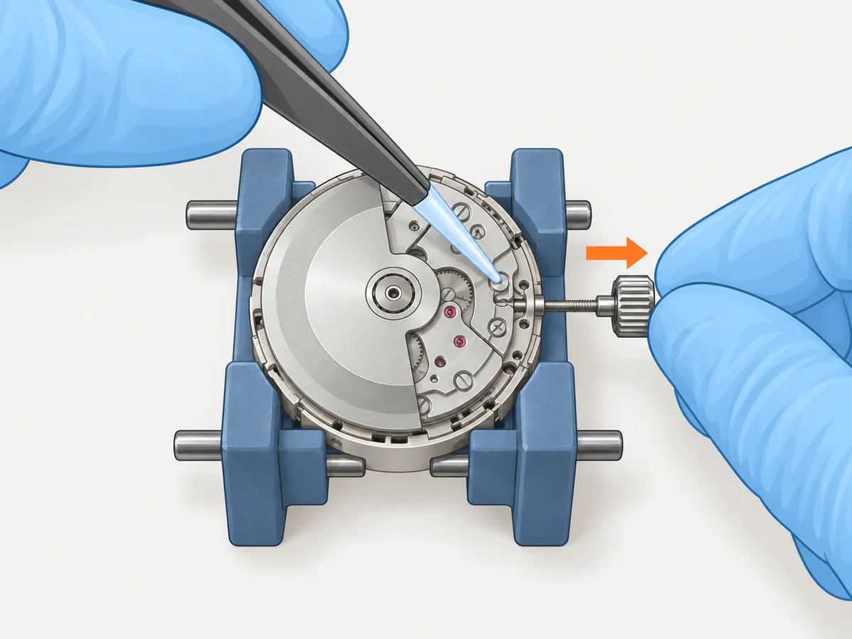 The back of the movement in its holder, rotor swung to the left: plastic-tipped tweezers press the tiny stem release next to where the stem enters, while gloved fingers on the right pull the crown straight out, shown by an arrow.