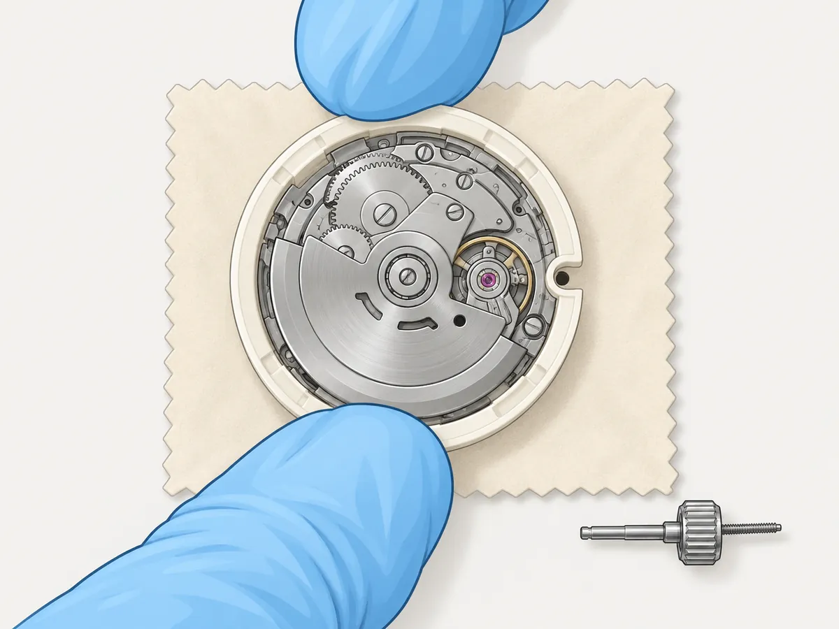 Gloved hands fit an off-white movement ring around the back of the movement on a cloth, with the ring's notch lined up over the stem hole on the right; the removed stem and crown lie on the mat.