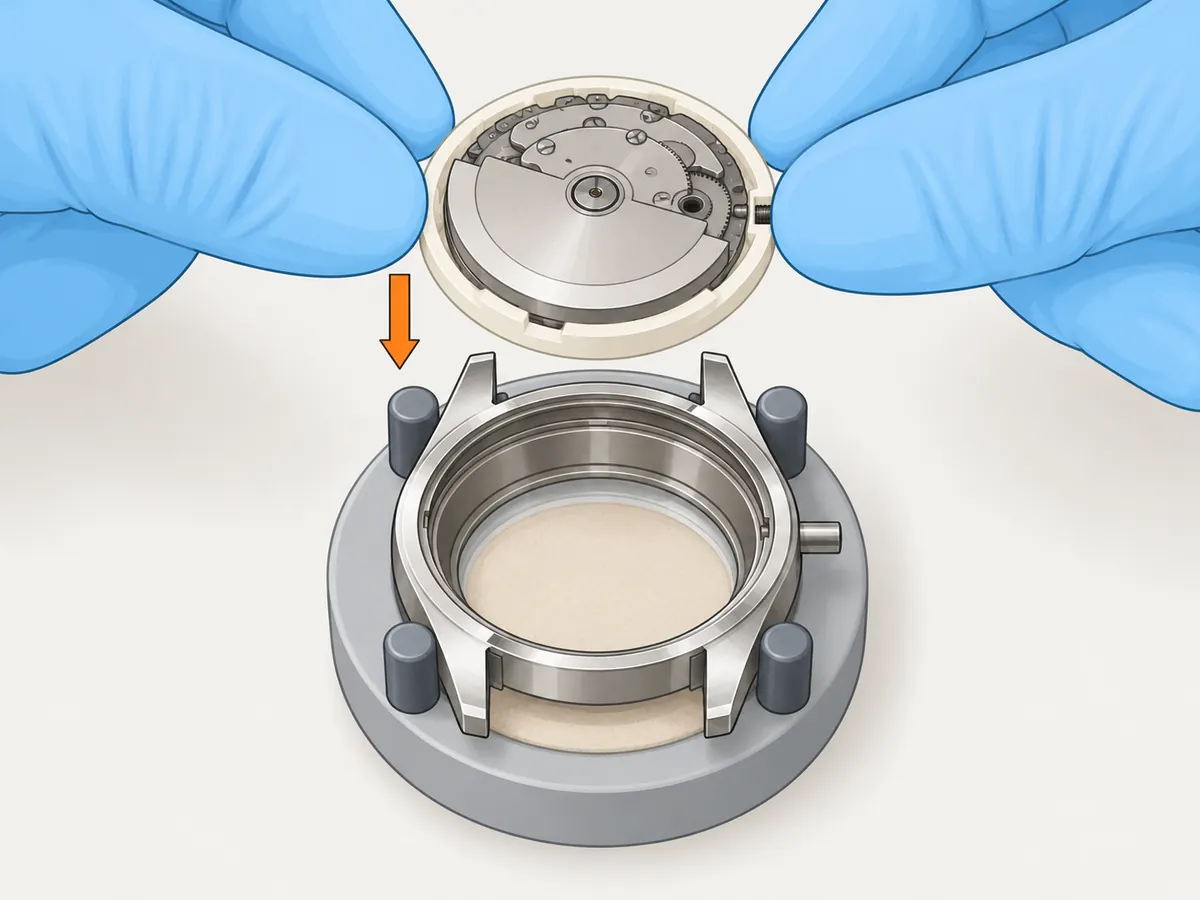 Gloved hands hold the movement in its ring, back side up and level, just above the open case in the case holder, with the stem hole lined up with the crown tube on the right; an arrow points straight down.