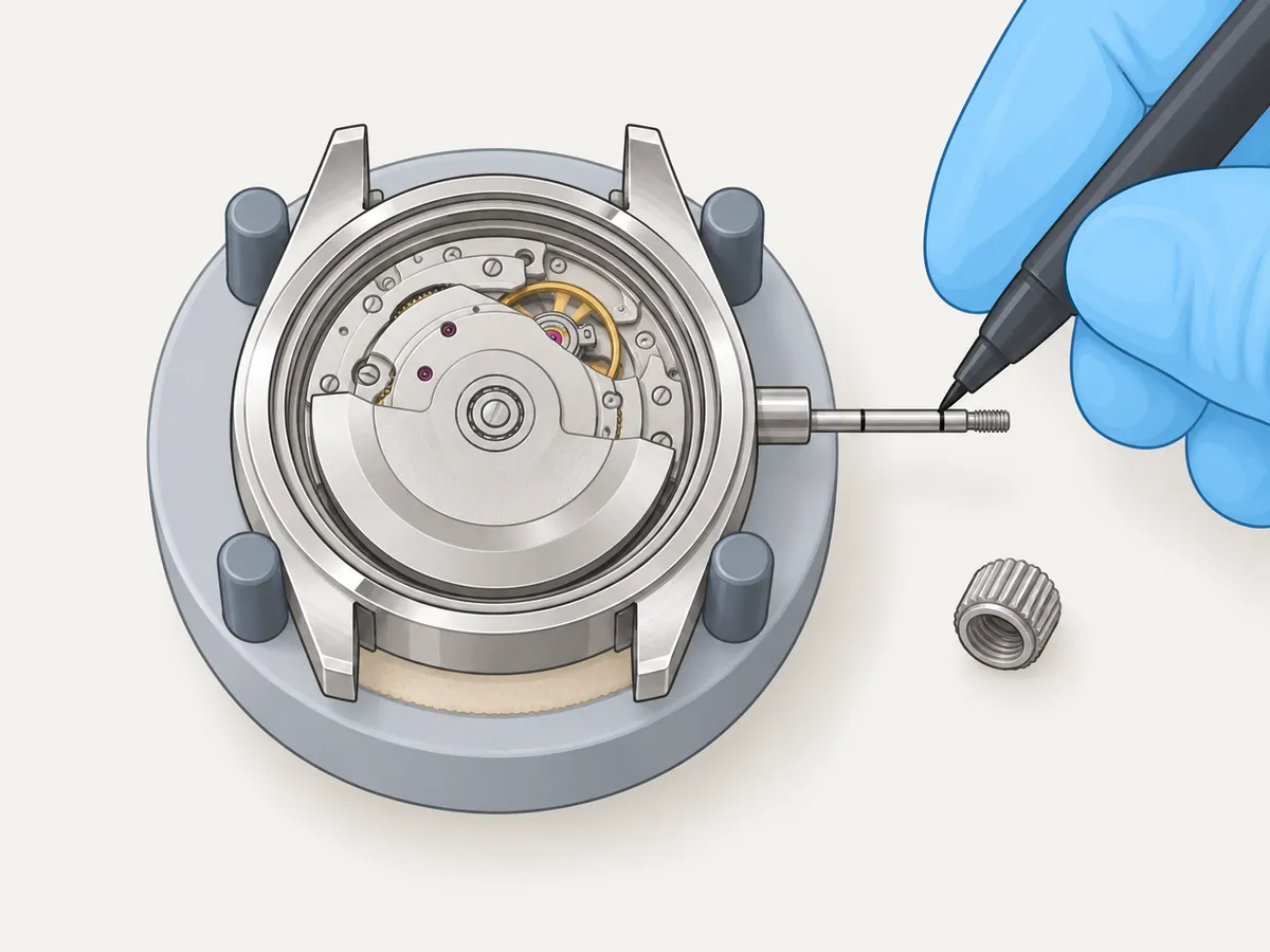 The stem sticks out of the case's crown tube, clearly too long, and a gloved hand marks it with a fine marker next to an earlier mark; the crown lies on the mat with its threaded socket showing.