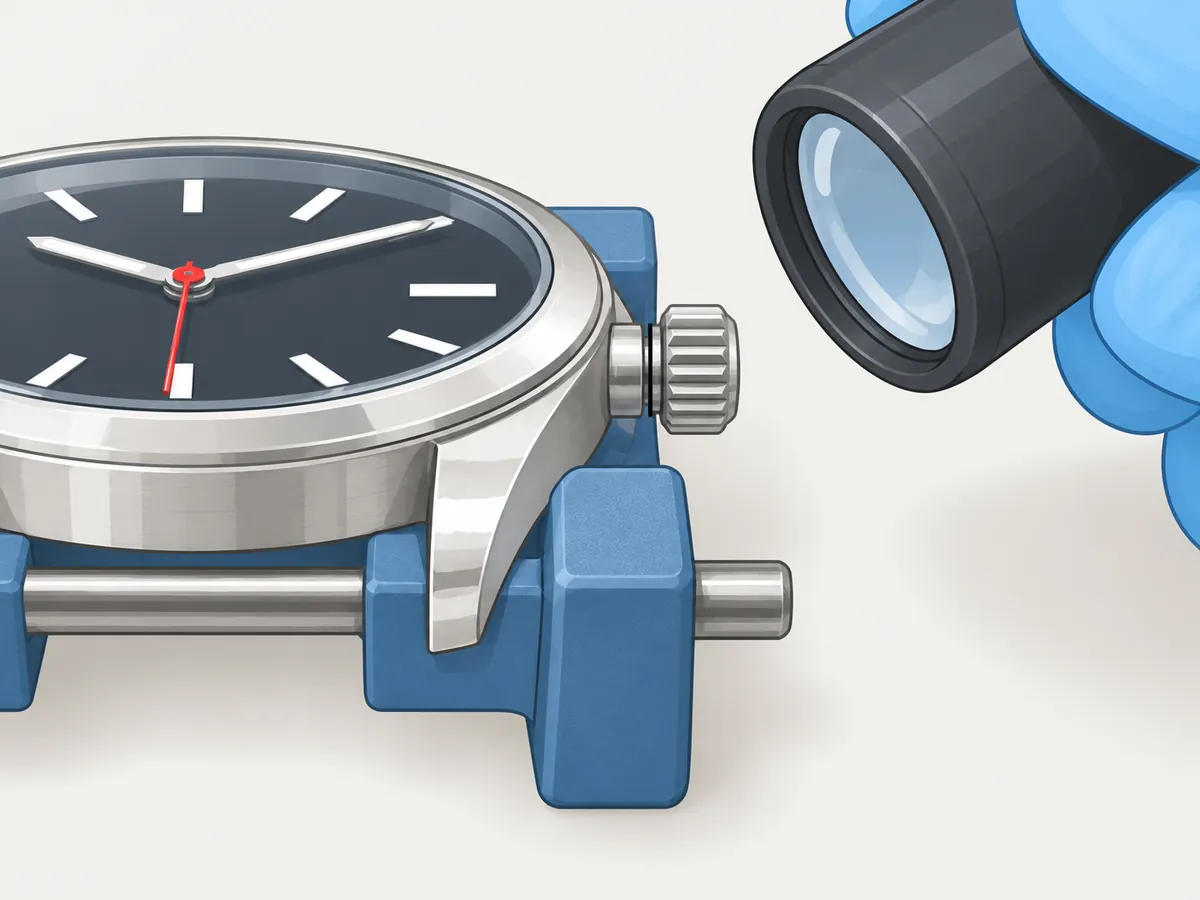 A side view of the case's 3 o'clock side: the crown is pushed in and sits square, just clear of the end of the crown tube, while a gloved hand aims a loupe at the gap.