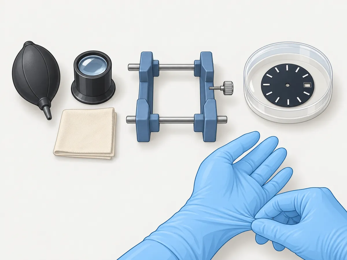 A clean work mat laid out with a rubber air-blower bulb, a loupe, a folded lint-free cloth, an empty blue movement holder and a clear tray holding one dark dial with a date window at 3 o'clock, while two gloved hands pull a nitrile glove snug.