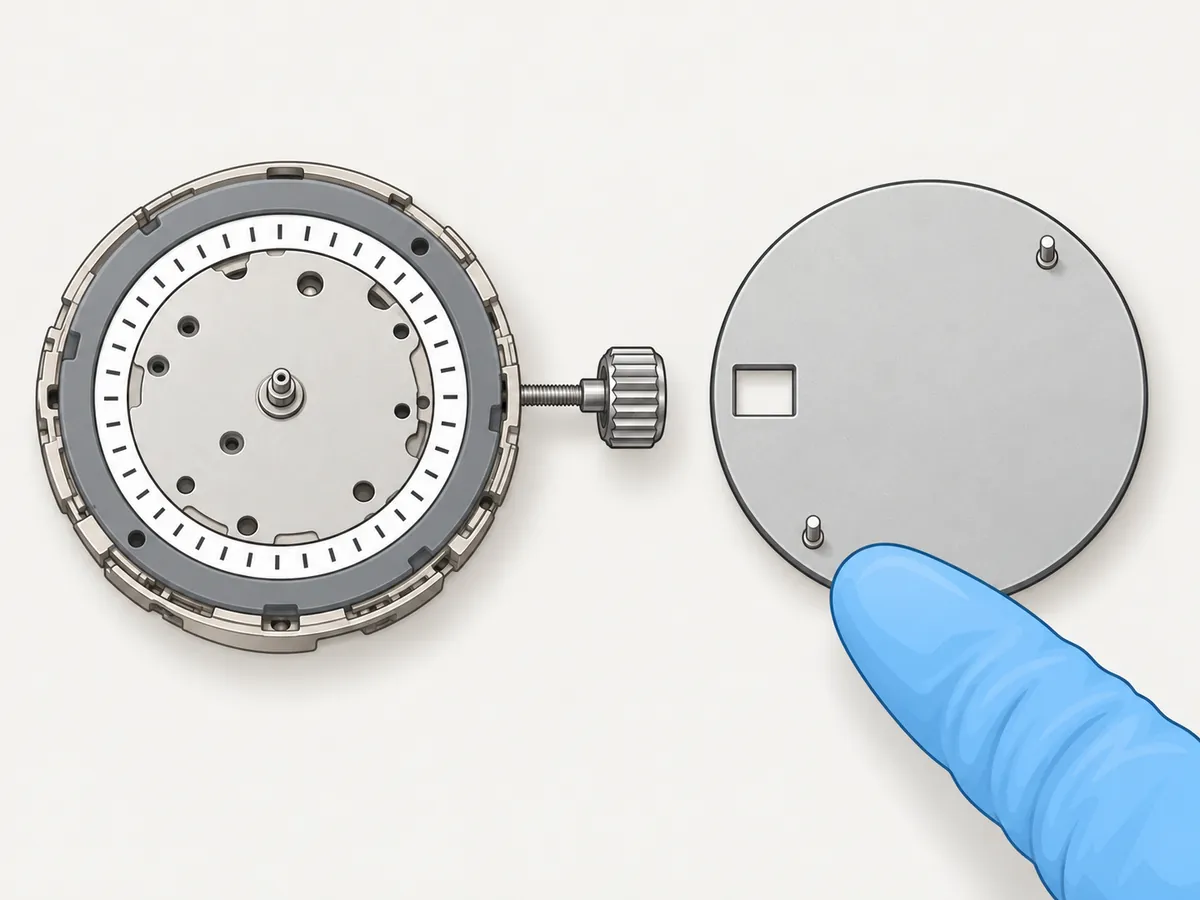 Seen from above, the bare movement with its crown on the right shows two small holes in its grey plastic spacer ring, opposite each other; beside it the dial lies face-down with two matching feet on its back, and a gloved finger points at one foot.