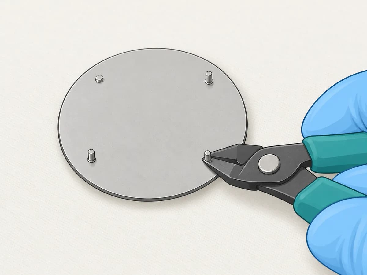 A dial lies face-down on the mat with four feet on its back; one has already been cut to a short stub, and green-handled flush cutters in a gloved hand close on the base of the foot opposite it.