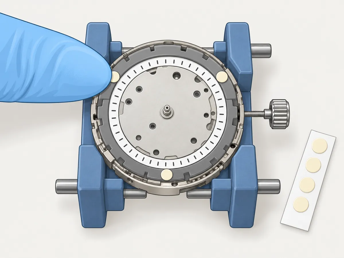 Seen from above, the movement in its holder has no dial yet; three cream adhesive dial dots sit evenly spaced on the grey spacer ring, clear of the white date ring, and a gloved fingertip presses the last one flat, with a strip of spare dots beside the holder.
