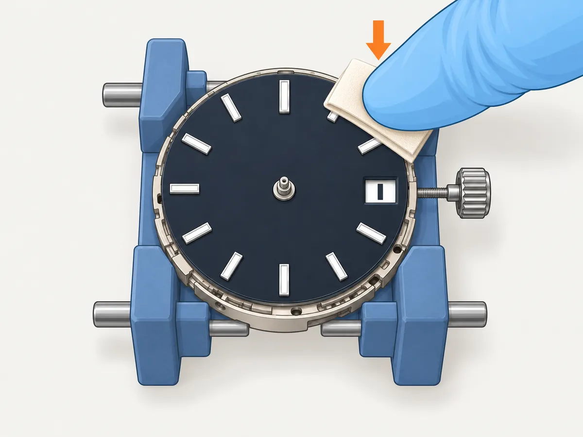 The dial sits on the movement in its holder, and a gloved fingertip presses a folded cloth down on the dial's edge near 1 o'clock, away from the centre; an arrow points straight down.