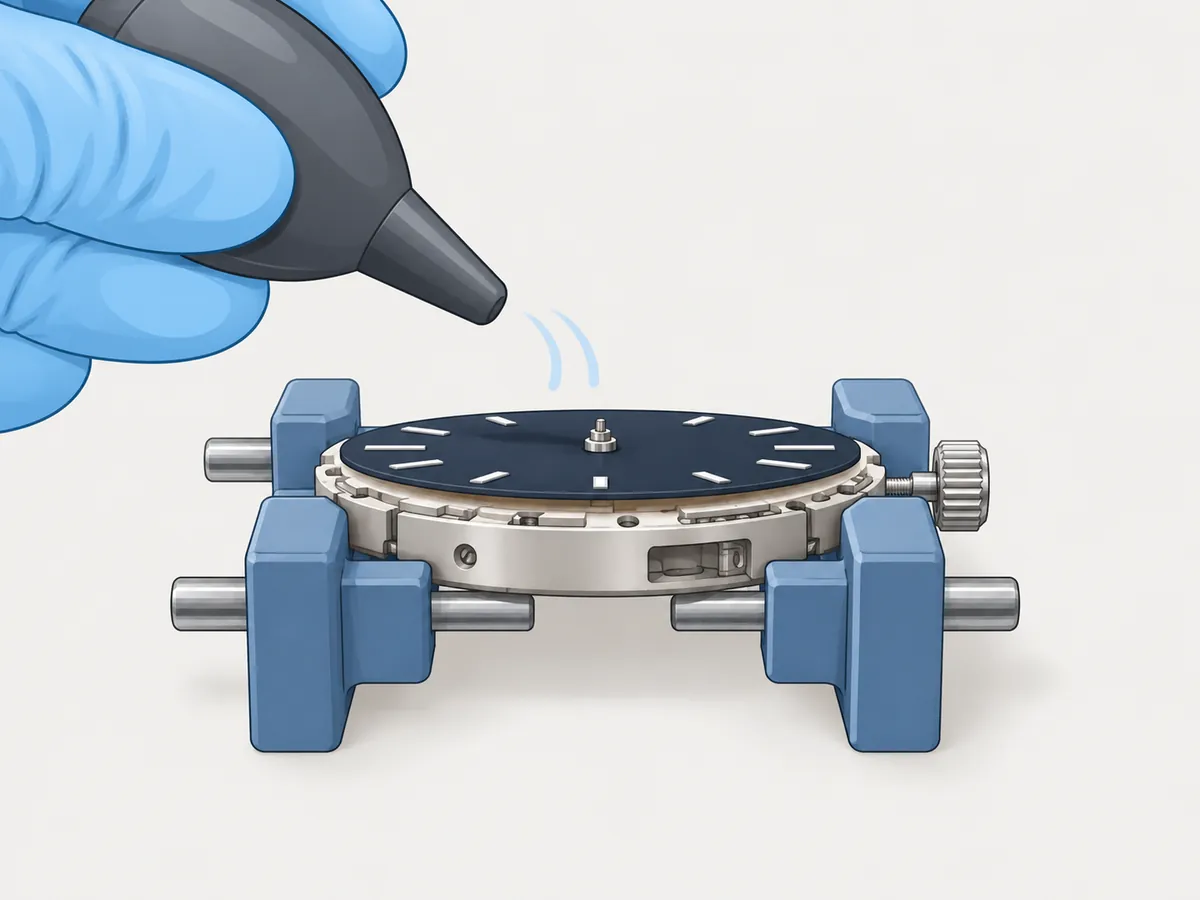 An eye-level side view of the movement in its holder: the dial lies flat and level with the hand posts rising through its centre hole, while a gloved hand puffs air at it with a rubber blower.